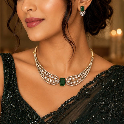Emerald Green CZ Necklace Set, Indian Bridal Choker Jewelry, Gold Tone Statement Necklace with Earrings, Wedding Party Wear Set for Women