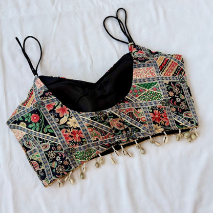 Multicolor Designer Cowrie Shell Blouse, Printed Indian Saree Blouse, Deep Neck Sleeveless Choli, Festive Navratri Garba Blouse,Crop top