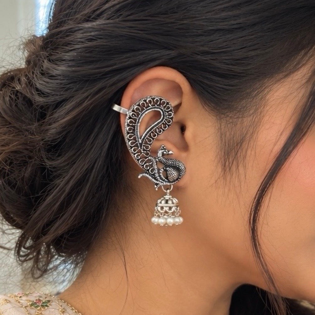 Oxidized Silver Peacock Ear Cuff Earrings, Traditional Jhumka Earrings, Statement Indian Jewelry, Ethnic Ear Wrap Earrings, Boho Jewelry