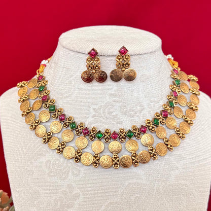 Temple Coin Necklace Set, Antique Gold Lakshmi Necklace, Red Green Stone Choker, South Indian Jewelry Set, Bridal Festive Necklace