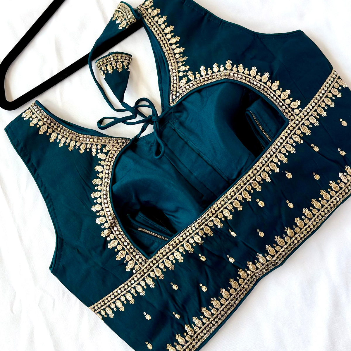 Dark Teal Jacquard Saree Blouse, Gold Embroidered Designer Blouse, Deep Back Neck Blouse with Latkan, Ready to Wear Indian Blouse, Crop top