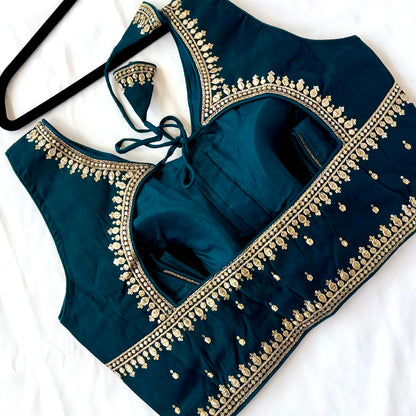 Dark Teal Jacquard Saree Blouse, Gold Embroidered Designer Blouse, Deep Back Neck Blouse with Latkan, Ready to Wear Indian Blouse, Crop top