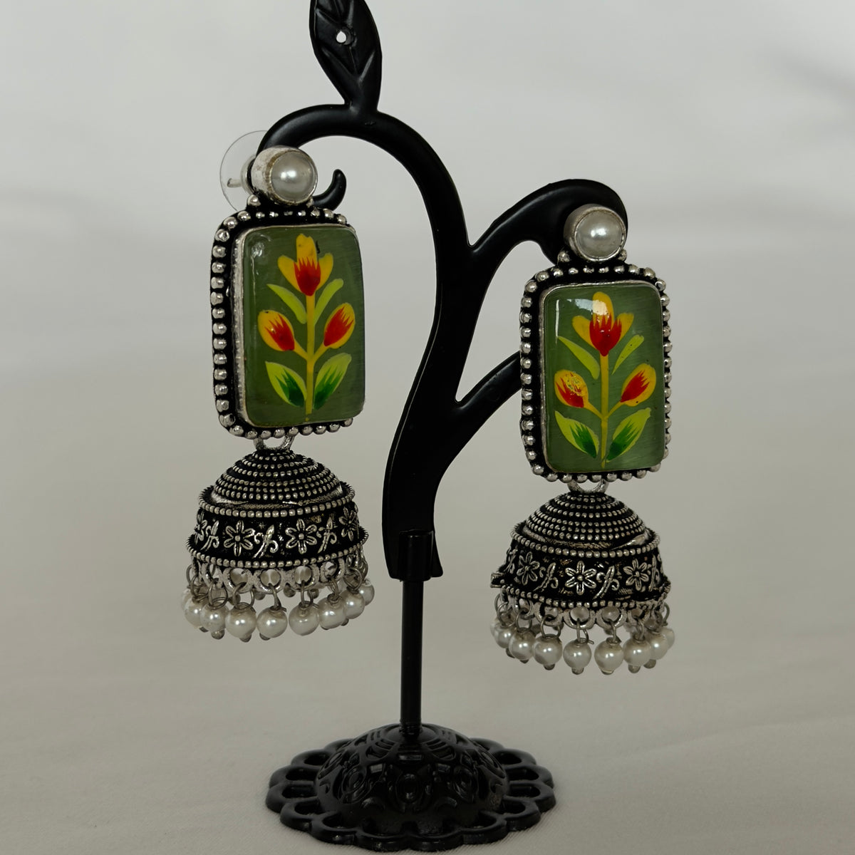 Green Oxidized Silver Handpainted Jhumka Earrings, Floral Indian Earrings, Pearl Drop Earrings, Ethnic Festive Jewelry, Oxidized earrings