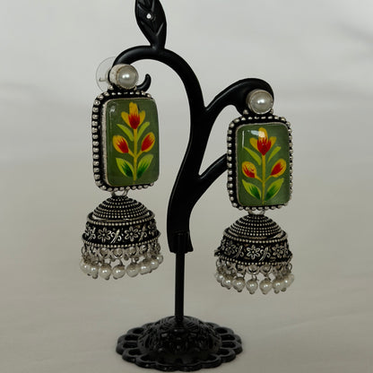 Green Oxidized Silver Handpainted Jhumka Earrings, Floral Indian Earrings, Pearl Drop Earrings, Ethnic Festive Jewelry, Oxidized earrings