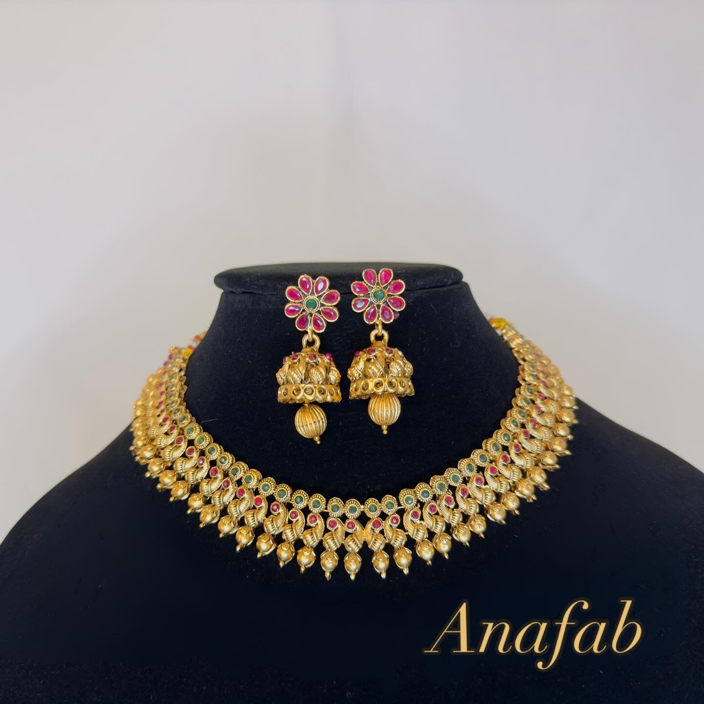 Traditional Lakshmi Temple Necklace Set with Ruby Green Stones & Jhumka Earrings