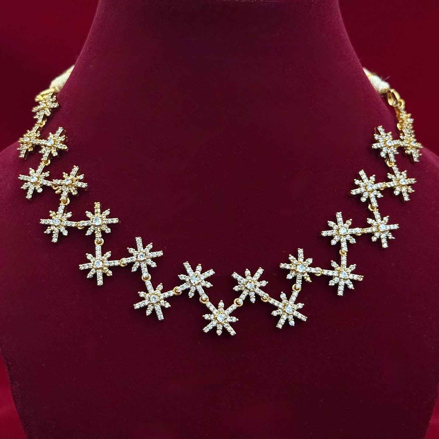 Gold Starburst CZ Necklace Set for Women, Luxury Statement Diamond Look Jewelry, Party Wear Wedding Necklace, Elegant Bridal Jewelry Gift
