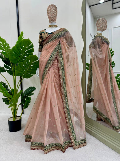 Blush Pink Sequin Saree with Rich Green Designer Blouse – Perfect for Weddings & Festive Glam