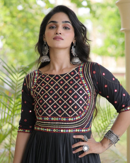 Navratri Black Gown for Women, Garba Dandiya Dress, Mirror Work Kora Cotton Gown, Embroidered Indian Festival Dress, 12 Meter Flair