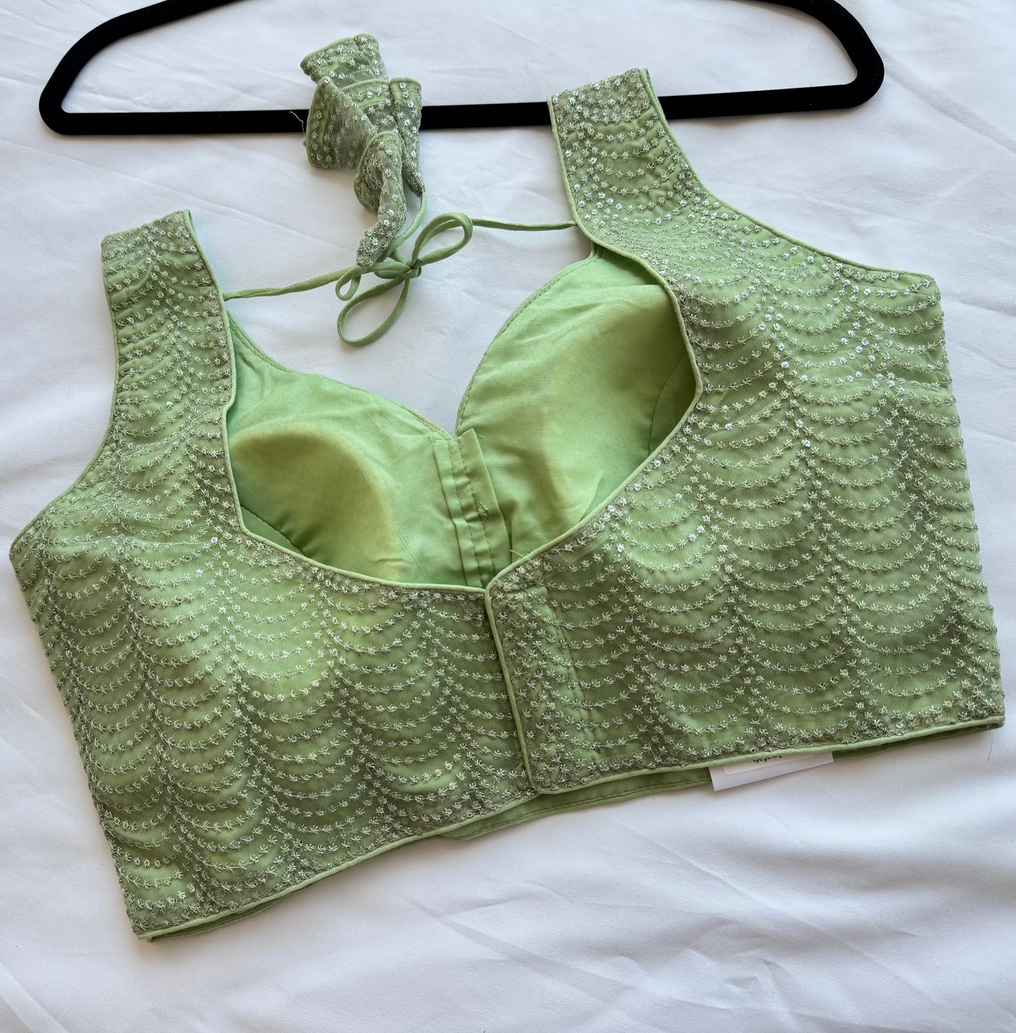 Mint Green Sequin Designer Blouse | Readymade Padded Saree Blouse | Elegant Party Wear Blouse with Tie Back | Size 38–42