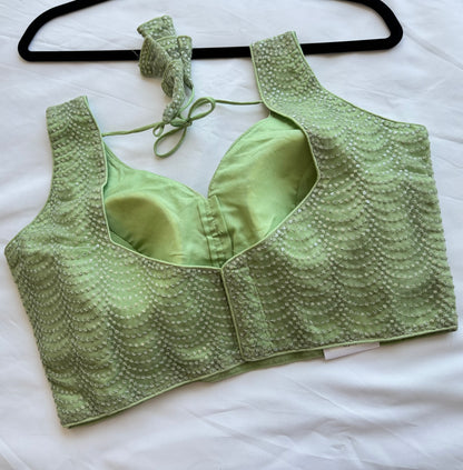 Mint Green Sequin Designer Blouse | Readymade Padded Saree Blouse | Elegant Party Wear Blouse with Tie Back | Size 38–42