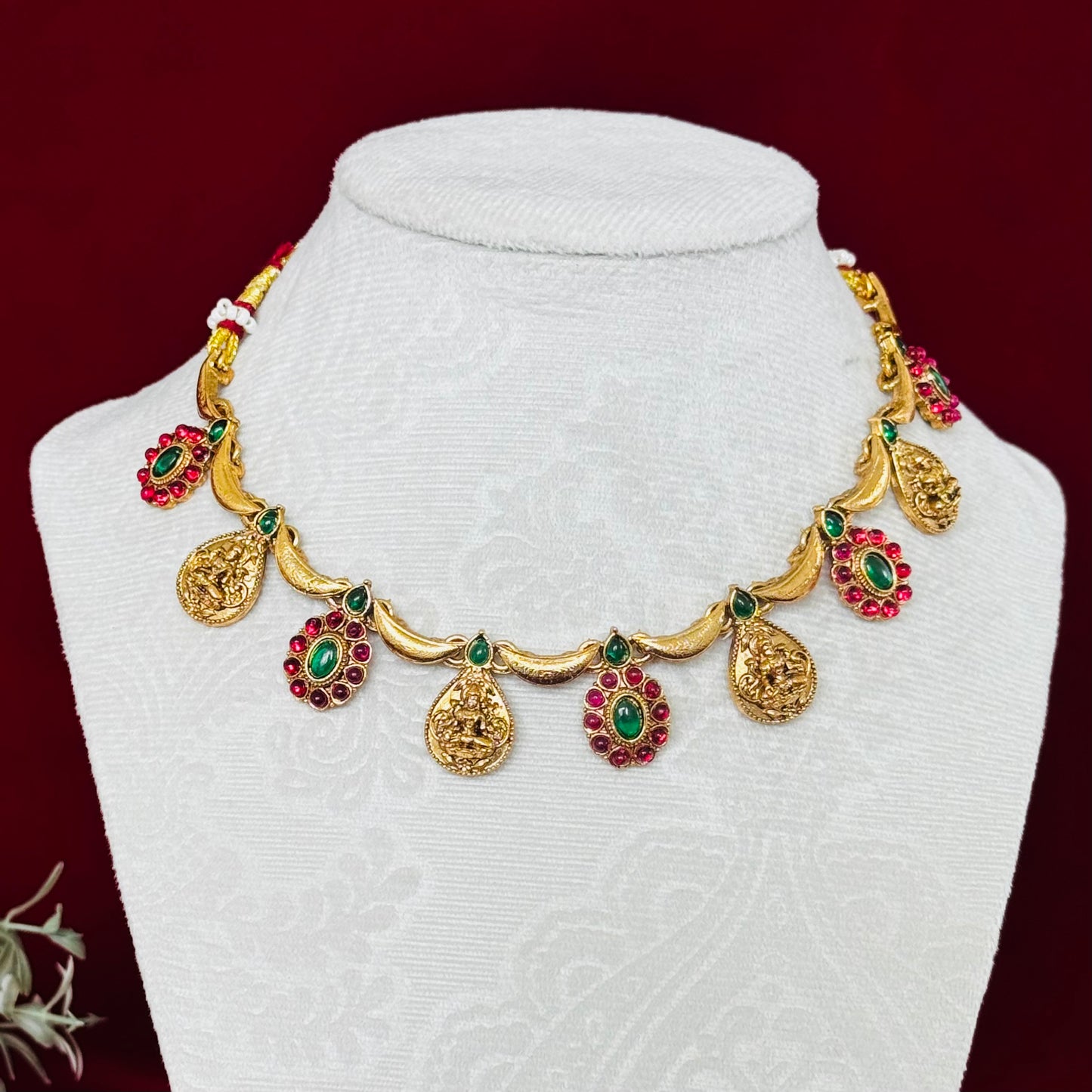 Antique Gold Lakshmi Necklace Set with Red & Green Stones, Temple Jewelry Set, South Indian Bridal Necklace, Traditional Indian Wedding Jewe