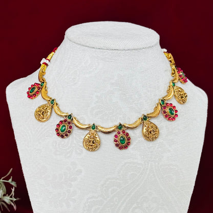 Antique Gold Lakshmi Necklace Set with Red & Green Stones, Temple Jewelry Set, South Indian Bridal Necklace, Traditional Indian Wedding Jewe