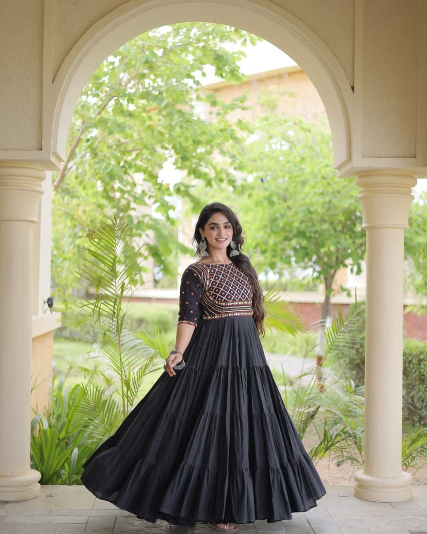 Navratri Black Gown for Women, Garba Dandiya Dress, Mirror Work Kora Cotton Gown, Embroidered Indian Festival Dress, 12 Meter Flair