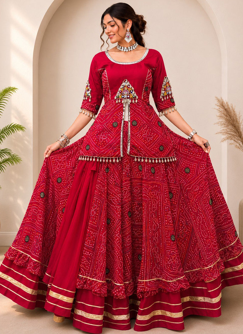 Navratri Lehenga Choli, 5 Meter Flair Bandhani Chaniya Choli, Kavdi Kodi Mirror Work Garba Lehenga, Gujarati Dandiya Outfit, Red Lehenga