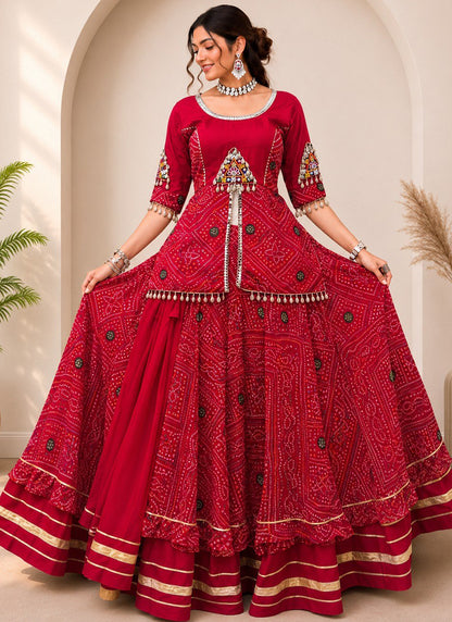 Navratri Lehenga Choli, 5 Meter Flair Bandhani Chaniya Choli, Kavdi Kodi Mirror Work Garba Lehenga, Gujarati Dandiya Outfit, Red Lehenga
