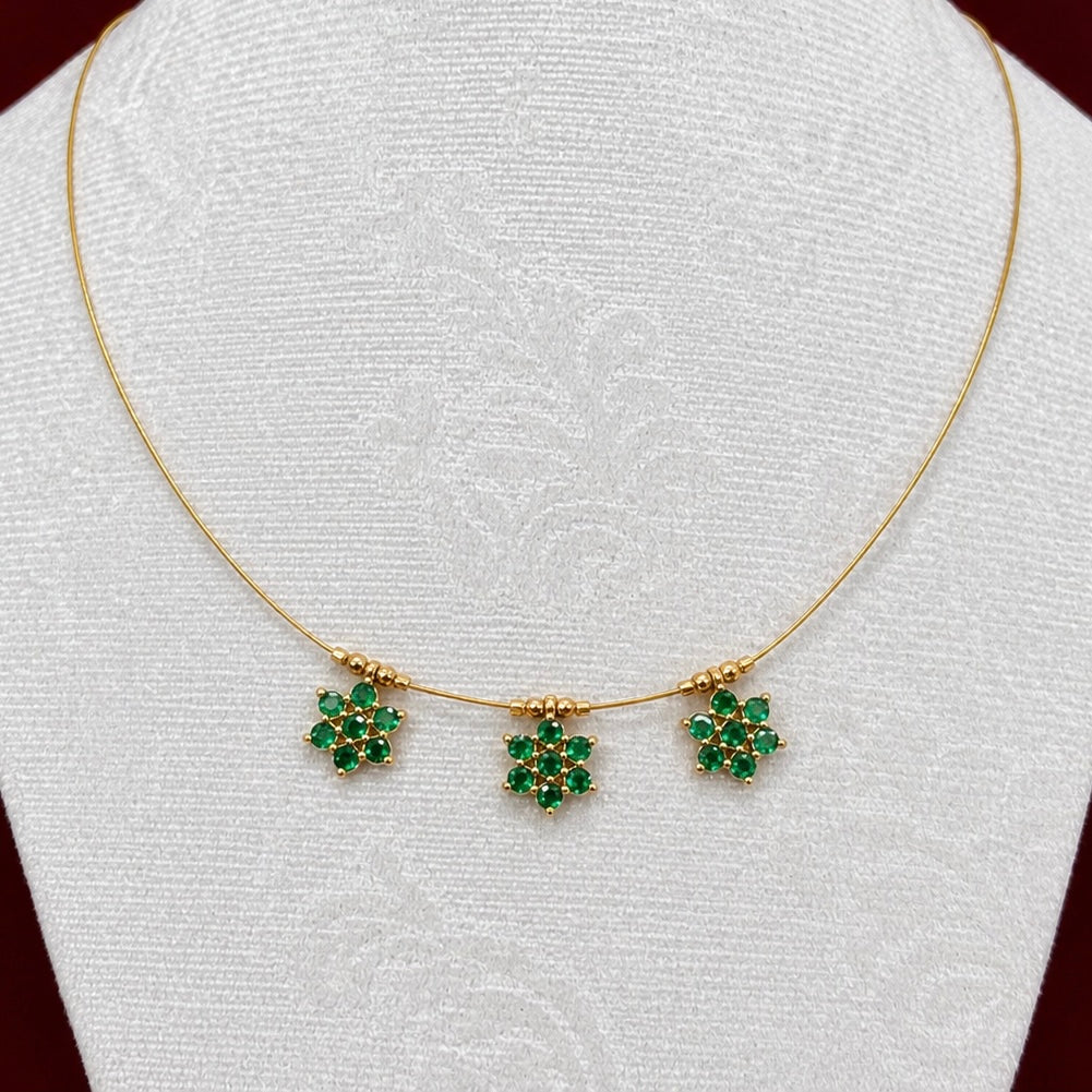 Emerald Green CZ Floral Necklace | Minimal Gold Invisible Chain Pendant | Delicate Everyday Jewelry | Bridesmaid Gift | Lightweight Indian N