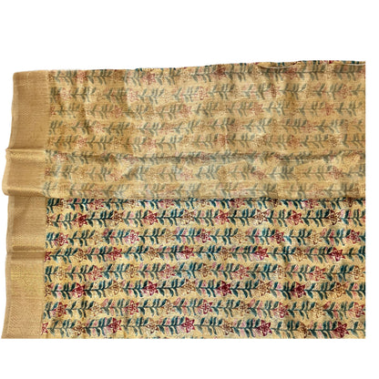 Beige Color Floral Printed Tussar Silk Saree And Zari Woven Design