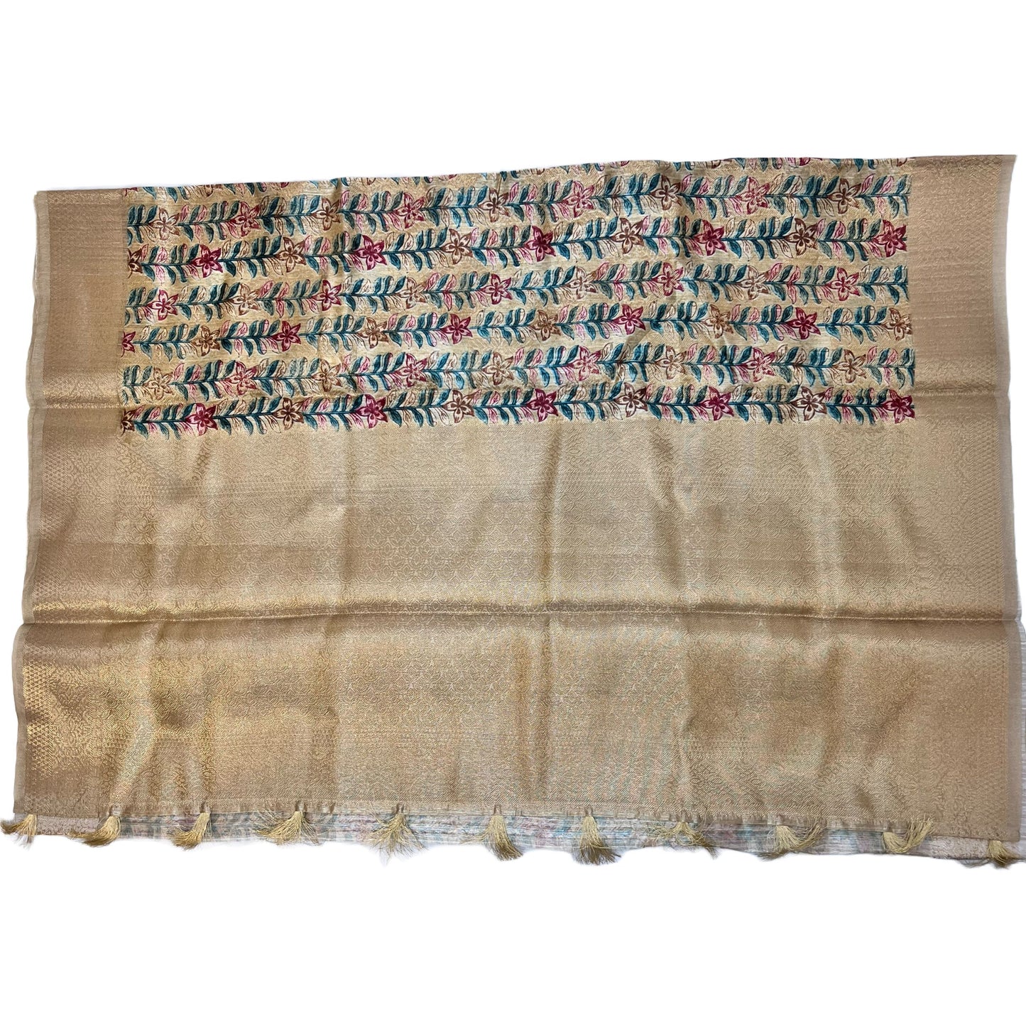 Beige Color Floral Printed Tussar Silk Saree And Zari Woven Design
