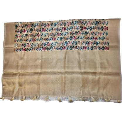 Beige Color Floral Printed Tussar Silk Saree And Zari Woven Design