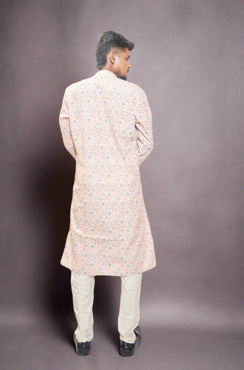 Beige Color Men's Kurta with Digital Print Embroidery & Sequence Work Kurta Pajama Set_Back