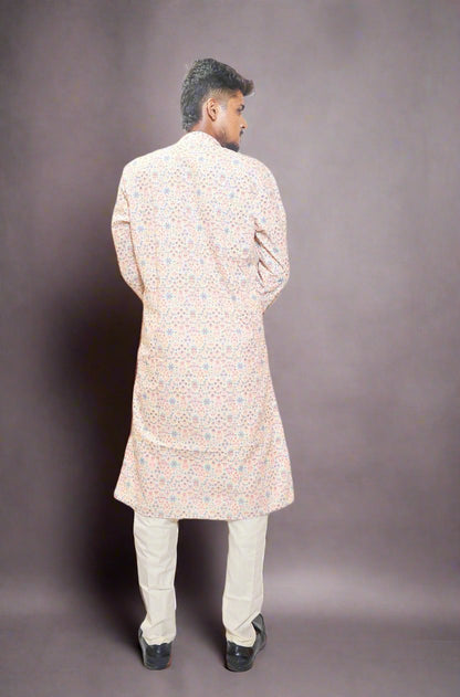 Beige Color Men's Kurta with Digital Print Embroidery & Sequence Work Kurta Pajama Set_Back