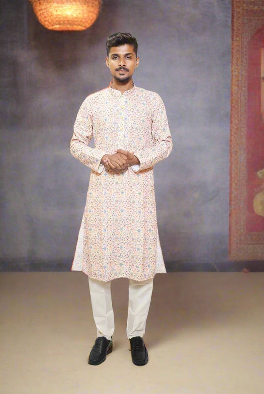 Beige Color Men's Kurta with Digital Print Embroidery & Sequence Work Kurta Pajama Set_Main