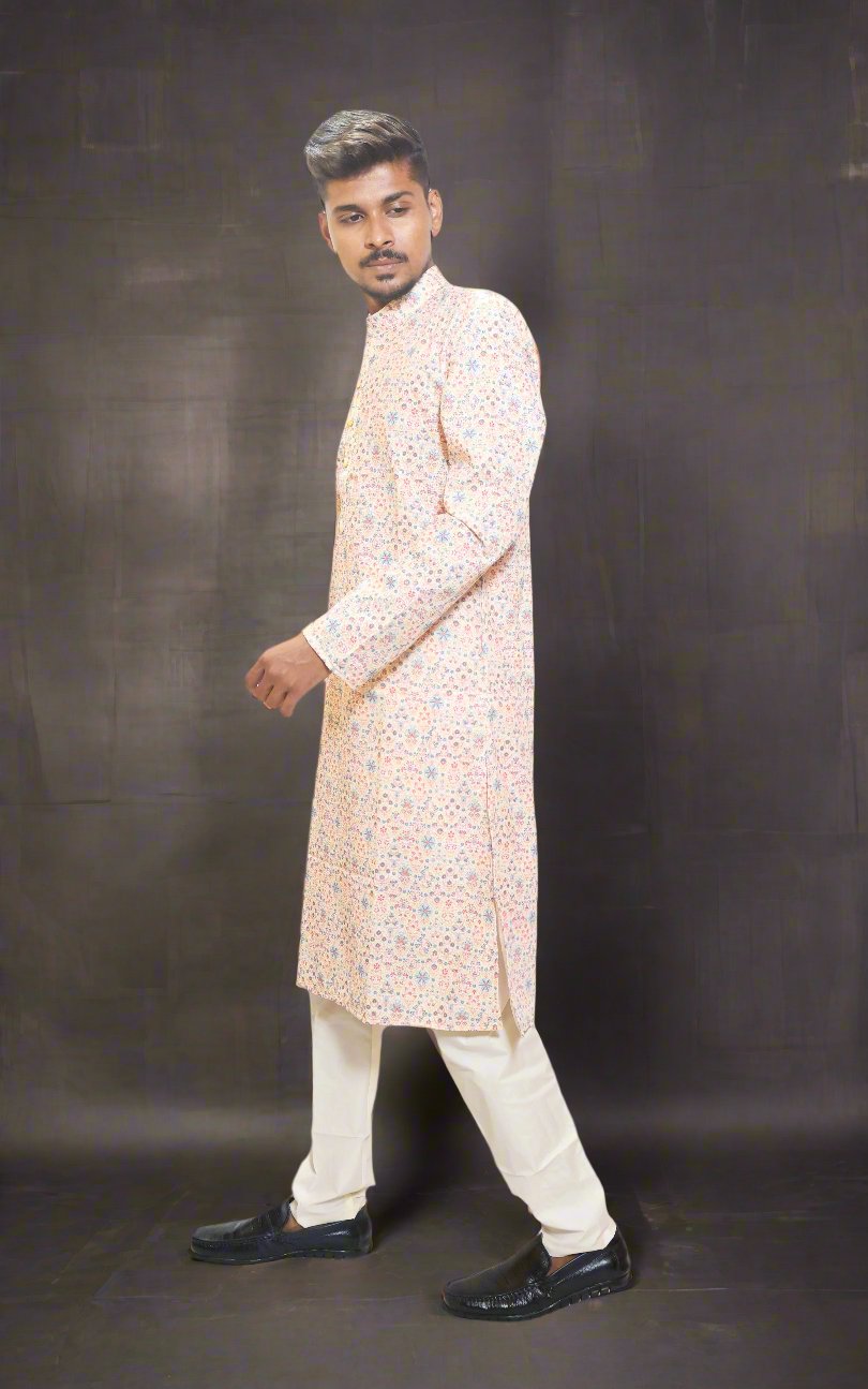 Beige Color Men's Kurta with Digital Print Embroidery & Sequence Work Kurta Pajama Set_Side