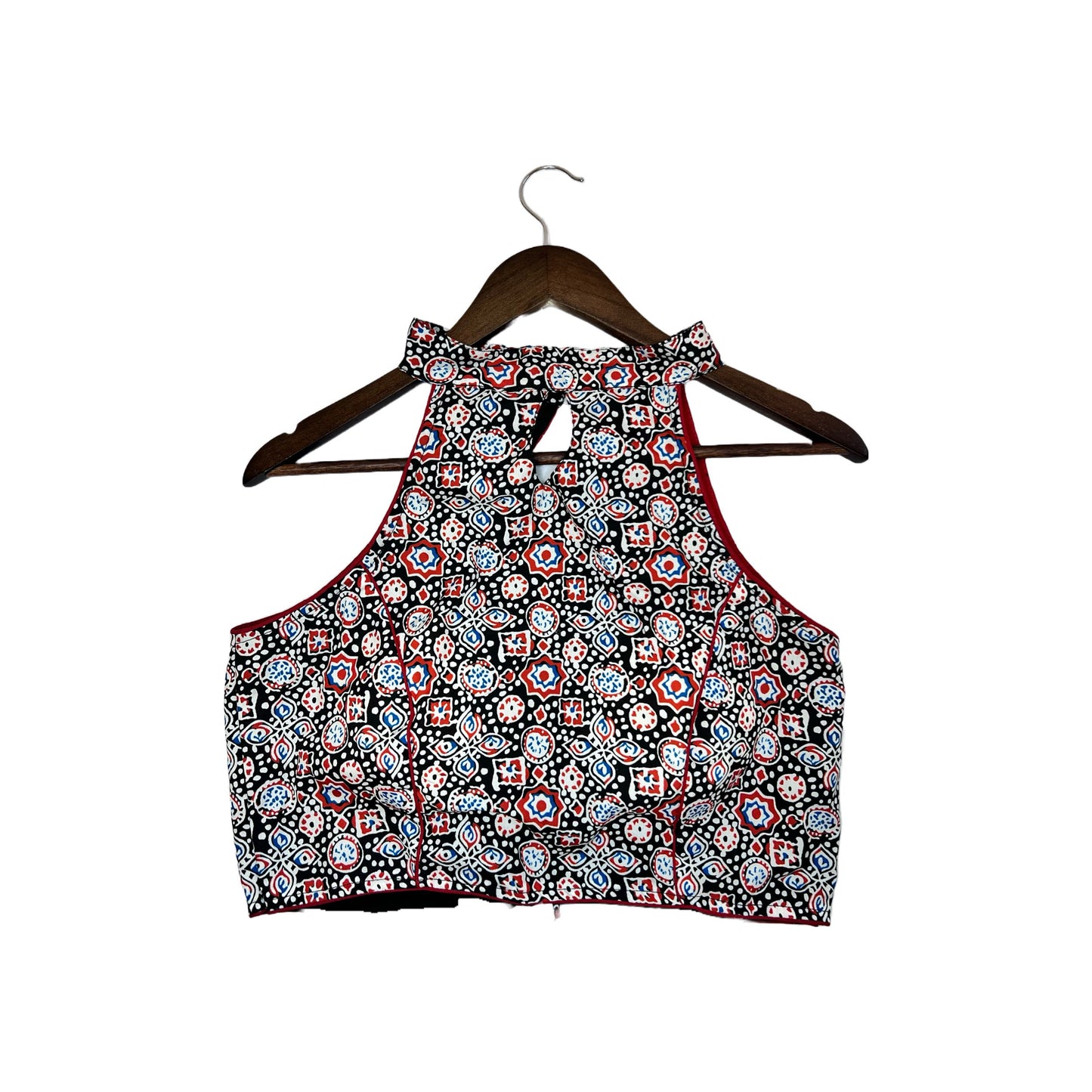 Black, White, Blue Ikkat Sleeveless Halter Neck Blouse