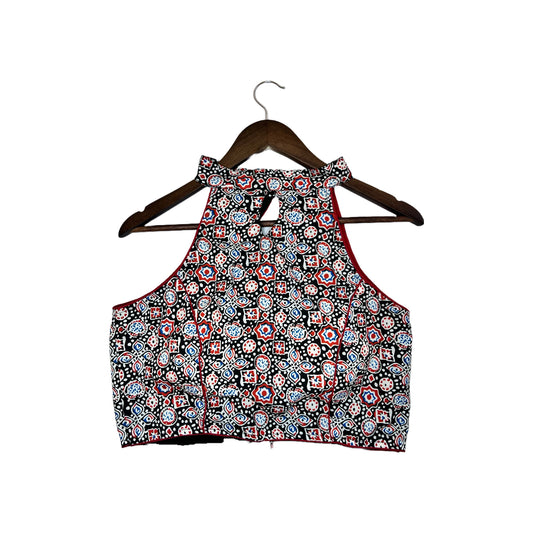 Black, White, Blue Ikkat Sleeveless Halter Neck Blouse