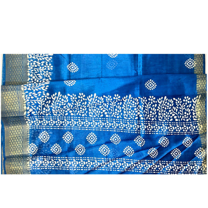 Blue Color Soft Slub Cotton Silk Saree With Batik Print