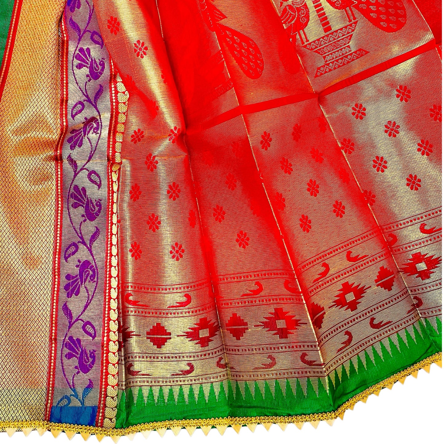 Bright Red Paithani Gudi Vastra, Readymade Paithani Saree for Gudi Padwa Pooja closeup