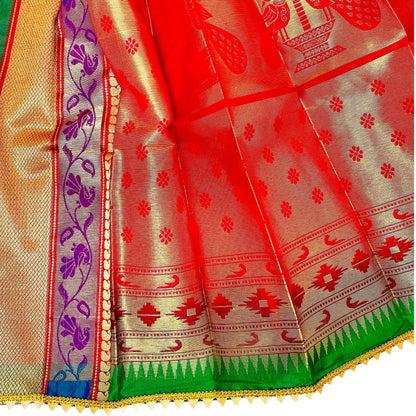 Bright Red Paithani Gudi Vastra, Readymade Paithani Saree for Gudi Padwa Pooja closeup