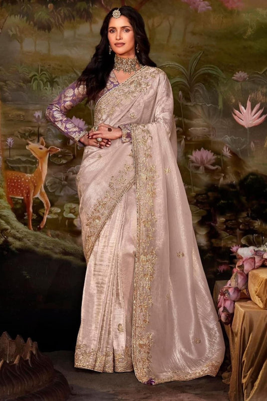 Exquisite Shimmer Champagne Organza Chiffon Saree with Intricate Sequins and Zari Work, Paired with a Stunning Light Purple Readymade Blouse