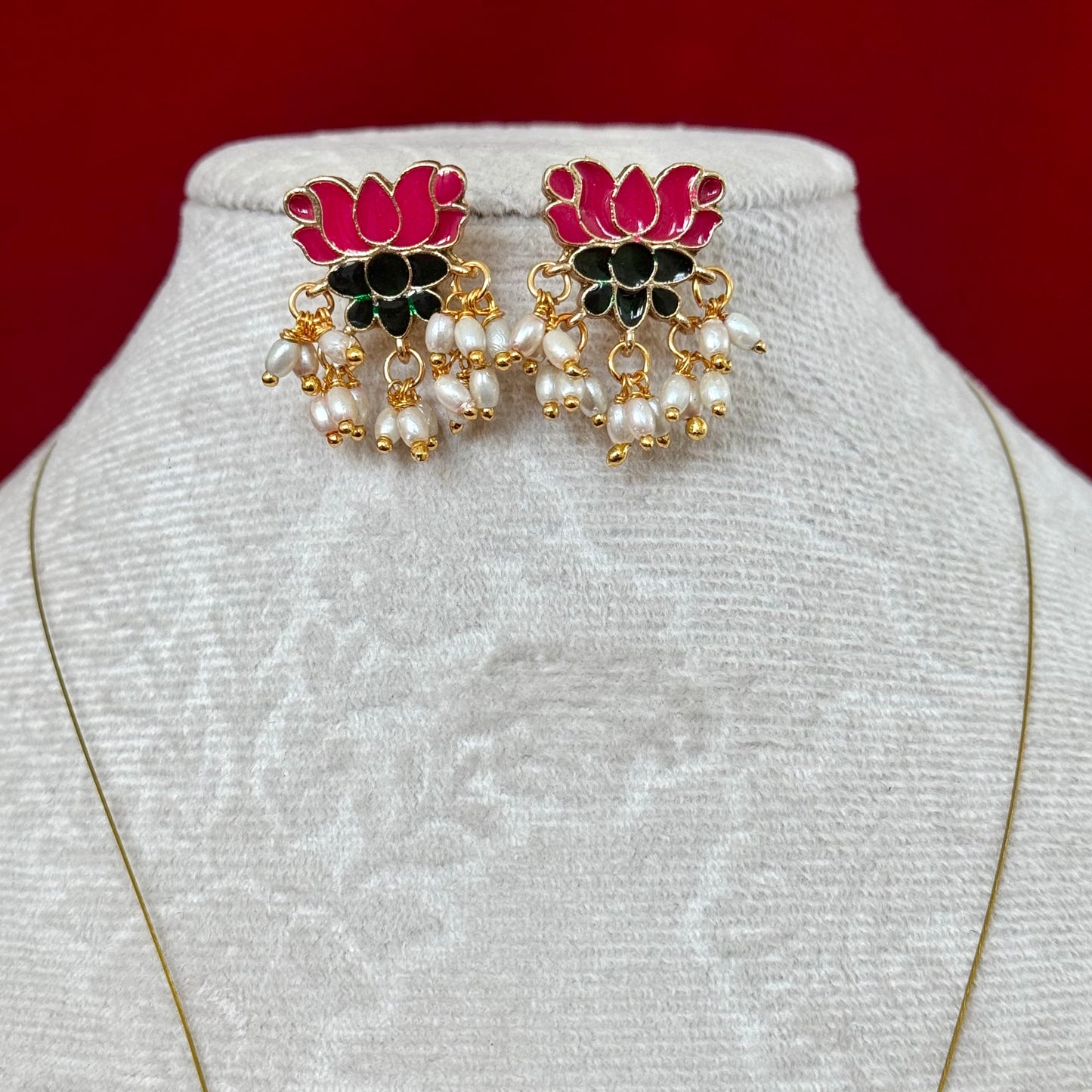 Pink Lotus Pendant Invisible Chain Necklace Set with Earrings, Lightweight Temple Jewelry, Pearl Drop Floral Necklace, Minimal Indian Jewelry