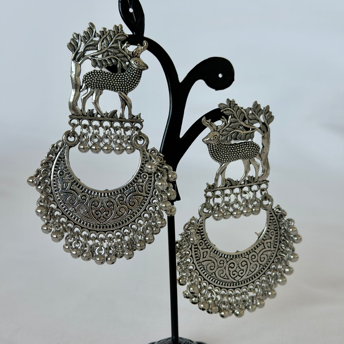 Oxidized Silver Deer Chandbali Earrings, Statement Indian Jhumka Earrings, Tribal Boho Jewelry, Ghungroo Dangle Earrings, Ethnic Wedding Jewelry