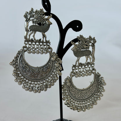 Oxidized Silver Deer Chandbali Earrings, Statement Indian Jhumka Earrings, Tribal Boho Jewelry, Ghungroo Dangle Earrings, Ethnic Wedding Jewelry