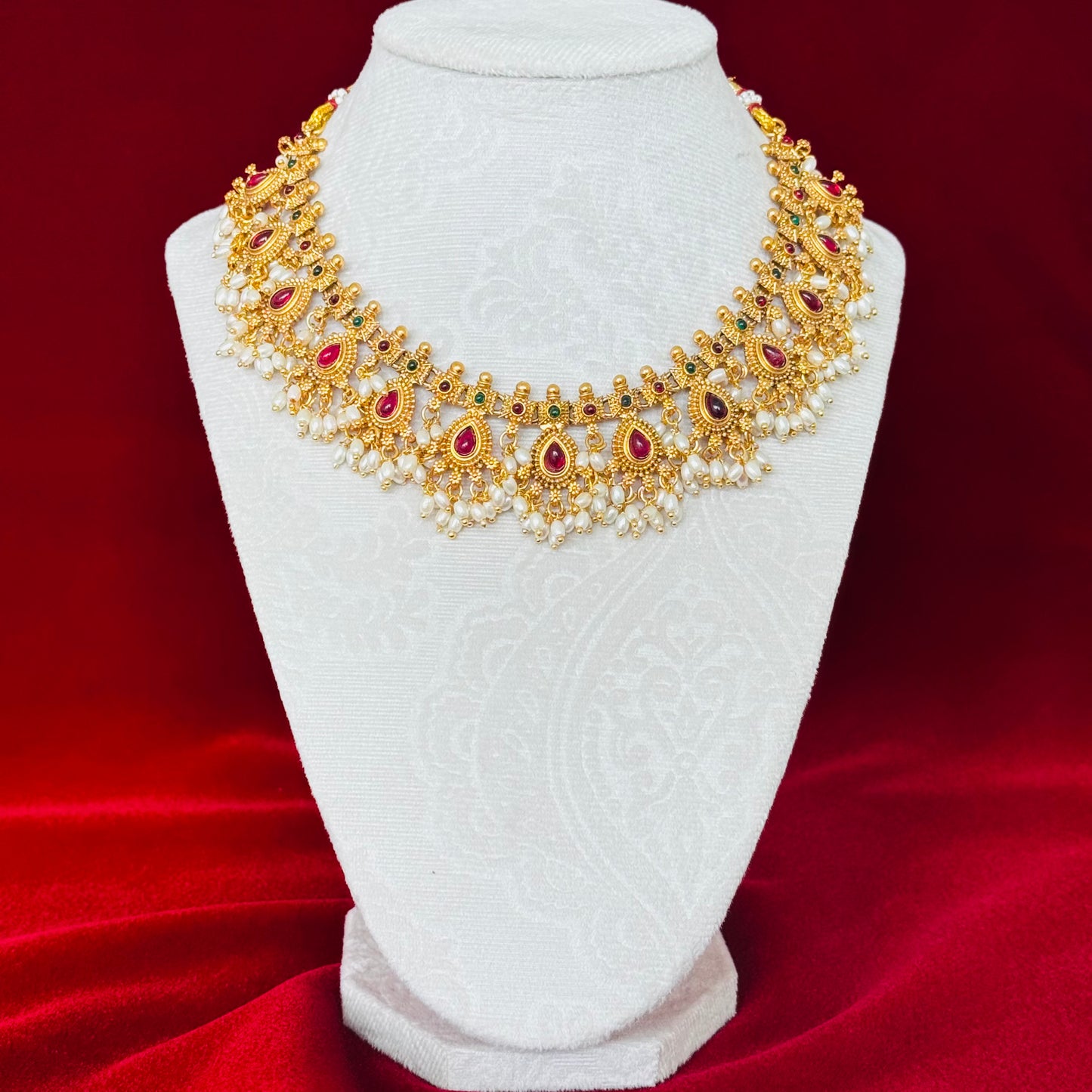 Antique Gold Choker Necklace Set with Ruby Green Stones & Pearl Drops | Temple Jewelry Bridal Choker | South Indian Wedding Necklace