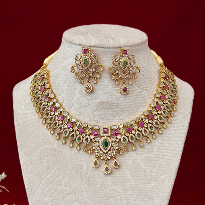 Kemp Stone Necklace Set, Ruby Green Indian Jewelry with Earrings, Traditional Bridal Necklace, South Indian Wedding Jewelry, Ships from USA