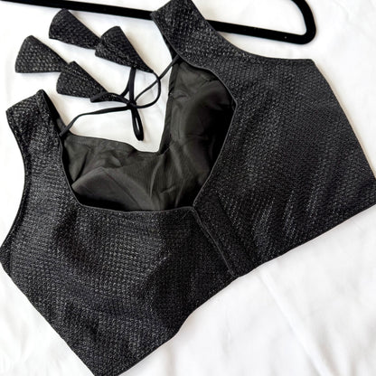Black with silver Zari Sleeveless Saree Blouse, Shimmer Ready to Wear Indian Blouse, V Neck Padded Blouse, Party Wedding Blouse,lehenga top