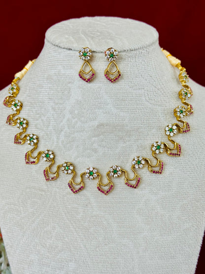 Elegant Floral AD Necklace Set with Ruby Pink Stones & Green Center | Lightweight Gold Finish Necklace with Matching Earrings | Wedding Part