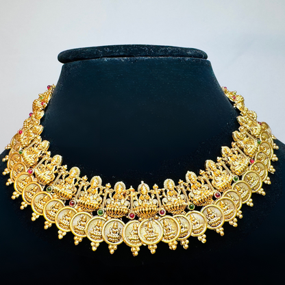 Antique Temple Coin Necklace Set with Lakshmi Design & Jhumka Earrings | South Indian Bridal Jewelry | Traditional Gold Finish Choker