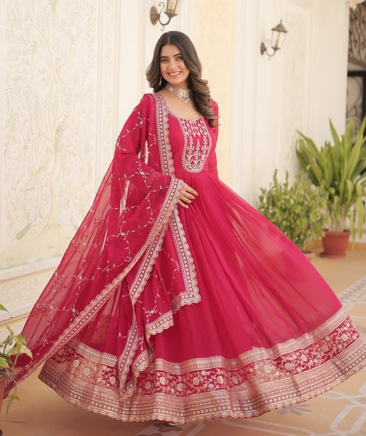 Pink Embroidered Gown with Dupatta | Fully Stitched Anarkali Style Dress | Indian Ethnic Wear for Weddings & Parties
