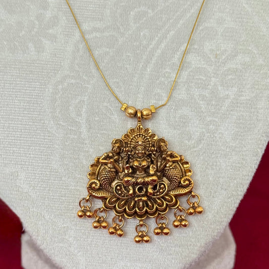 Antique Gold Lakshmi Pendant Necklace, Invisible Chain Temple Jewelry, South Indian Long Necklace, Traditional Ethnic Pendant Gift for Women
