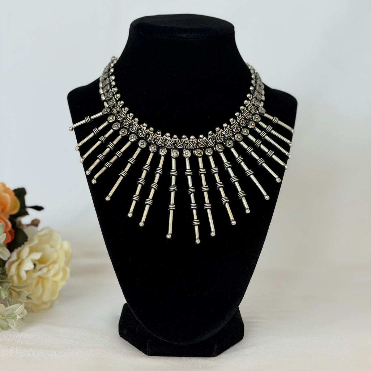 Oxidized Silver Statement Necklace, Tribal Indian Jewelry, Boho Long Stick Necklace, Navratri Garba Jewelry, Ethnic Festival Necklace