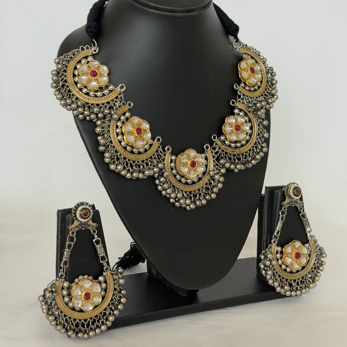 Oxidized Silver Gold Kundan Necklace Set, Indian Statement Jewelry, Navratri Garba Dandiya Necklace, Long Earrings, Tribal Boho Jewelry