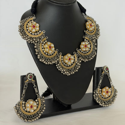 Oxidized Silver Gold Kundan Necklace Set, Indian Statement Jewelry, Navratri Garba Dandiya Necklace, Long Earrings, Tribal Boho Jewelry