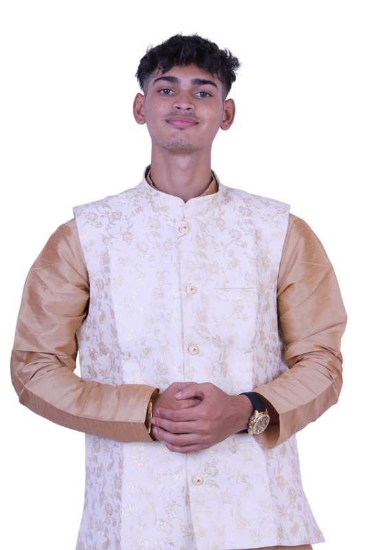 Men’s Beige Silk Kurta Pajama with White Embroidered Nehru Jacket | Indian Wedding Outfit | Festival & Party Wear, Ethnic wear, Men’s Kurta