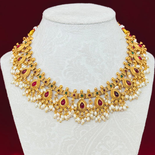 Antique Gold Choker Necklace Set with Ruby Green Stones & Pearl Drops | Temple Jewelry Bridal Choker | South Indian Wedding Necklace