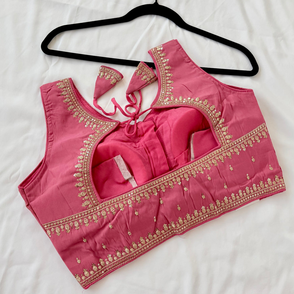 Deep Rose Pink Jacquard Saree Blouse, Gold Embroidered Designer Blouse, Deep Back Neck Blouse with Latkan, Ready to Wear Indian Blouse,