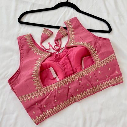Deep Rose Pink Jacquard Saree Blouse, Gold Embroidered Designer Blouse, Deep Back Neck Blouse with Latkan, Ready to Wear Indian Blouse,